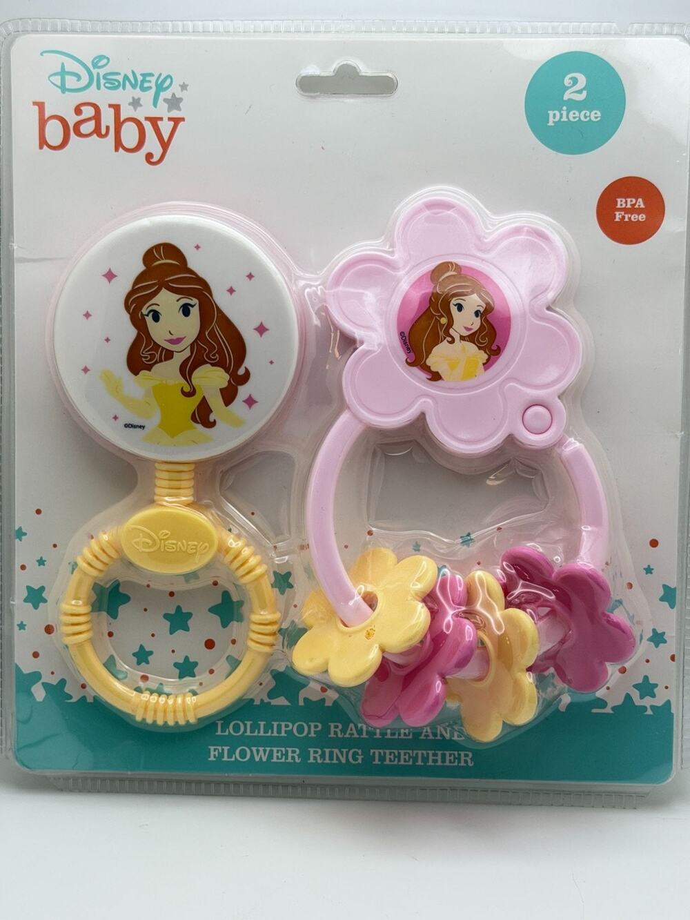 Disney Baby Lollipop Rattle & Flower Ring Teether - BPA-Free 2-Piece Set Belle D